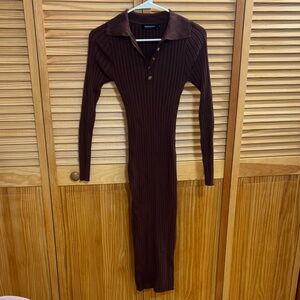 Elegant Brown Long Sleeve Knit Dress